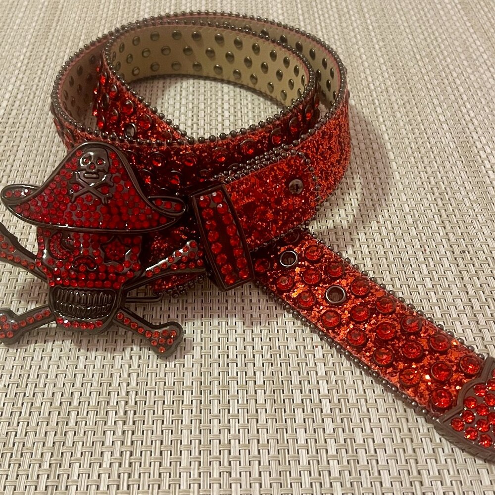 Men's Red Ruby Skull & Cross Bones Belt